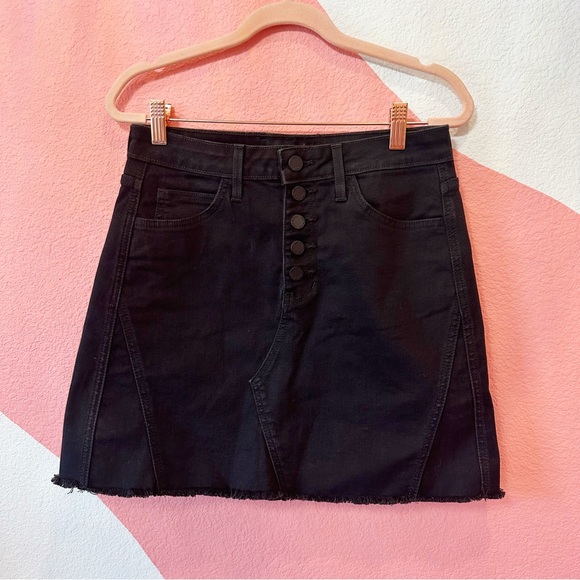 Just Black Denim Black Button Fly Mini Skirt Raw Hem Medium - Picture 2 of 6
